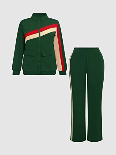 Flamingals Women's Casual Striped 2 Piece Outfits Zip Up Flap Pocket Retro Tracksuit Set 2023 Trendy Green Xl #TOP3