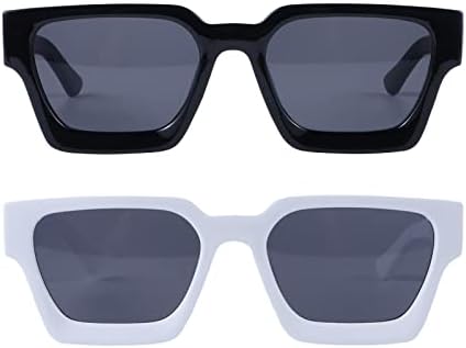 Dazzleimart Thick Frame Sunglasses for Women Men Retro Square Black Sun Glasses, Fashion Chunky Rectangle Shades (Black+White)