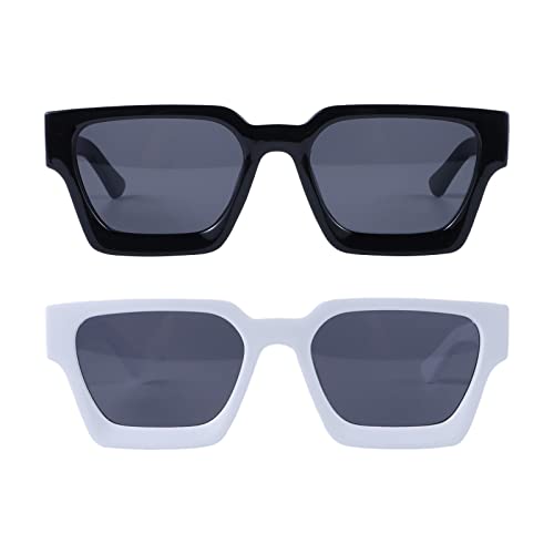 Dazzleimart Thick Frame Sunglasses For Women Men Retro Square Black Sun Glasses, Fashion Chunky Rectangle Shades (Black+White) #TOP3