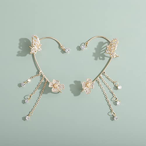 Jumwrit Rhinestone Butterfly Ear Cuffs Tassel Chain Dangle Earrings Non Piercing Flower Ear Cuffs Wrap Climber Crawler Earrings Boho Hollow Butterfly Earrings（Gold） #TOP2