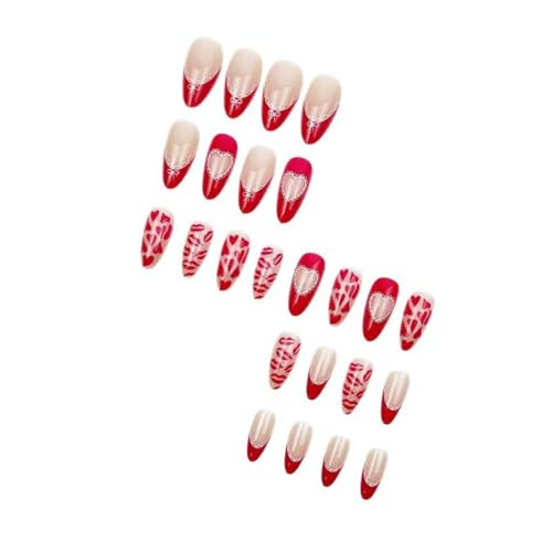 Image of Red Press on Nails Heart Fake Nails French Tip Glue on Nail with Lip Print Design Reusable Glossy Full Cover Stick on Nail for Women Manicure 24Pcs