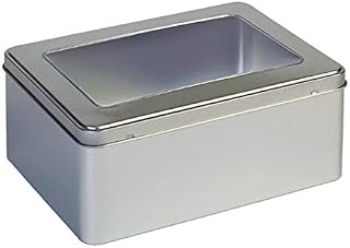 Silver Hinged Lid Biscuit Cookie Box Cake Tin Clear Window Lid - 22 cm