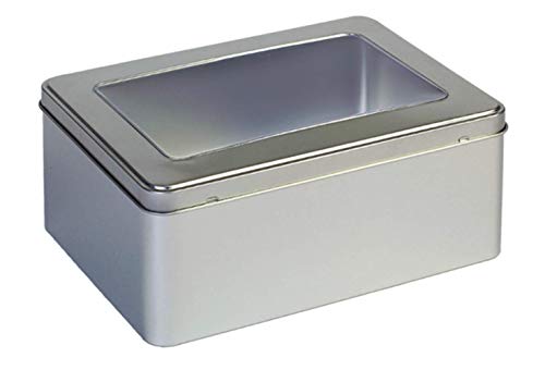 Silver Hinged Lid Biscuit Cookie Box Cake Tin Clear Window Lid - 22 cm
