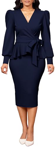 Image of Dresses for Women Elegant Long Sleeves Ruffles Pencil Knee Length Split Business Dress with Belt Zipper