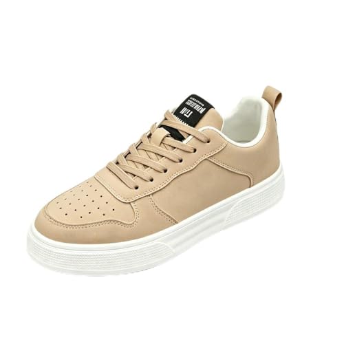 Men's Classic Fashion Sneakers - Breathable Synthetic Leather Casual Walking Shoes, Lightweight Anti-Slip Rubber Sole (Khaki,8)