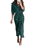 BTFBM Summer Dresses for Women 2026 Long Sleeve V Neck Button Down Elegant Belted Ruched Satin Silk Shirt Spring Dress(Dark Green, Medium)