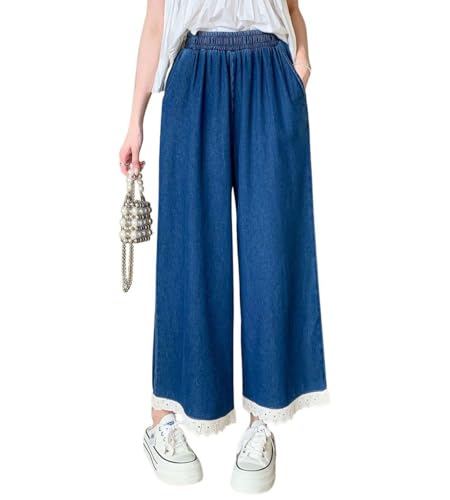 chouyatou Women's Casual Elastic Waist Denim Pants Lace Eyelet Hem Wide Leg Jean Capris Palazzo Culottes with Pockets - Main Image