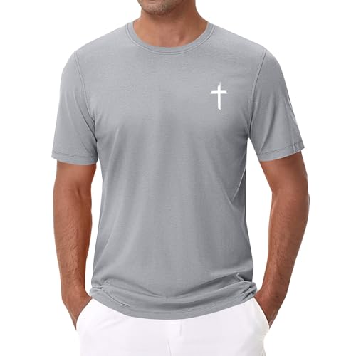 Image of Christian T Shirts for Men Short Sleeve Shirt Jesus Cross Print Graphic Tees Summer Casual Lightweight Crewneck Tops(Grey, XXXL)