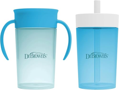 Dr. Brown's Milestones Straw to 360° Cup Set, Convertible Toddler Training Cup Set with Interchangeable Silicone Straw and 360 Degree Cup Lids, Blue Ocean, 10 oz/300 mL, BPA Free, 9m+, 2 Pack
