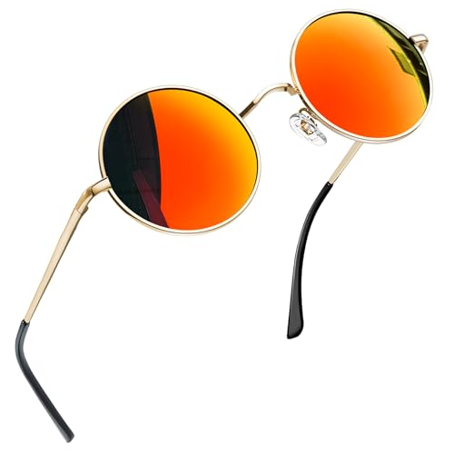 Joopin Verspiegelte Sonnenbrille Runde Herren Roter Unisex Polarisierte Sonnenbrille Vintage Rund Damen Brille Hippie Steampunk (Orange Rot Verspiegelt)