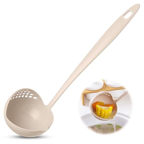 Cucharón con colador de filtro, cucharón de sopa 2 en 1 para servir fácilmente sopa, guiso, salsa, colador separa líquidos de sólidos (beige)