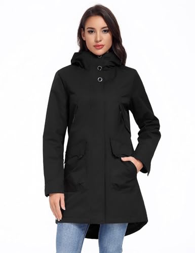 Vancavoo Übergangsjacke Damen Wintermantel Lang Leichte Jacke mit Kapuze Softshellmantel Übergang Mantel Parka Übergangsmantel für Frühling Herbst,Schwarz,M