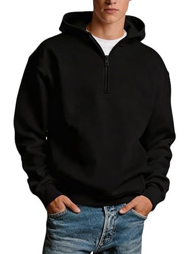 TUVEKE Black Mens Quarter Zip Hoodies Pullover Hoodie Seam Pocket Half Zip Long Sleeve Casual Fleece Hooded Sweatshirt for Men 2XL