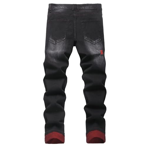 MXCVYCC Jeans for Men Ripped Slim Fit Distressed Denim Pants with Red Patch Design, Straight Leg Regular Casual Streetwear(Black red jeans-36) by MXCVYCC - Used condition - Image 2