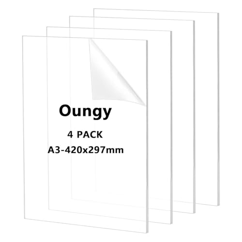 Oungy Lot de 4 plaques acryliques 3 mm, 42 x 29 cm - Plaques transparentes pour extérieur, remplacement de verre, bricolage et artisanat