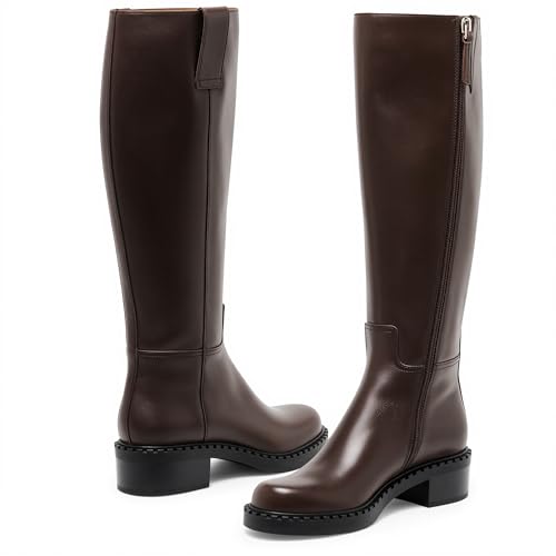 Image of KaroNairy Women Knee High Boots Faux Leather Long Boots Low Chunky Heel Square Toe Side Zipper Fall Tall Boots