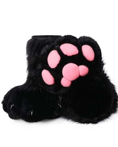 BNLIDES Cosplay Tier Katze Wolf Hund Fuchs Fursuit Füße Pfote Klaue Schuhe Pelzstiefel Kostüm Zubehör für Erwachsene, schwarz/pink, Free Size