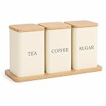 EHC Tea, Coffee, Sugar, Canister Set, Storage Canister Set with Tray - Easy to Open Airtight Lids - Storage Tea, Sugar, & Coffee - Set of 3 Canisters, Cream