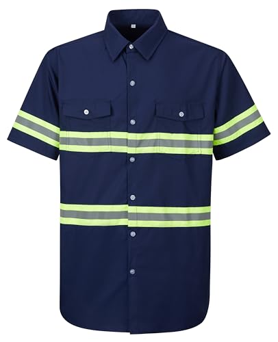 Ousafeve Class 3 Navy Hi Vis Button Up Safety Work Shirts for Men Reflective (Large, Navy_Short)