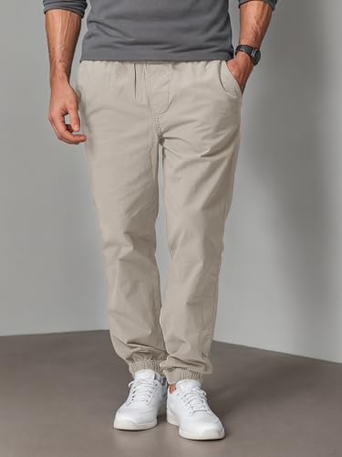 Men's Tapered Casual Pants with Elastic Waistband and Drawstring Closure Cotton-Poly Blend for Spring & Fall