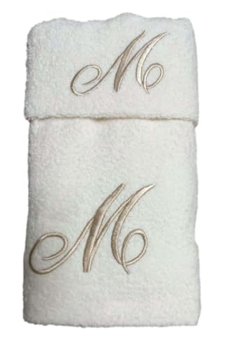 Made in Italy RICAMI FIORENTINI BALDI Set Asciugamani con Iniziale, Spugna di Cotone 100% 400 gr/mq, 2 Pezzi: Viso+ ospite. Idea Regalo. (Lettera M) Beige