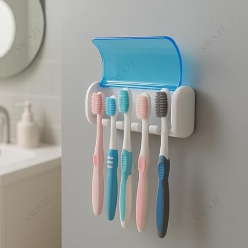 Image of Swaze Plastic Toothbrush Holder with Cover for Bathroom | 5-Slot Wall Mounted Toothbrush Holder with self Adhesive & Screw Options | Bathroom Organizer | (Multicolour, Pack of 1)