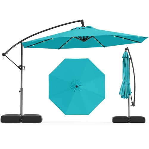 Tangkula 10ft Solar LED Patio Umbrella with Base, Offset Cantilever Outdoor Umbrella with 32 LED Lights, Infinite Tilt, 360 Degree Rotation, Crank Handle for Pool Deck Garden Backyard (Turquoise) -  AM10695HM