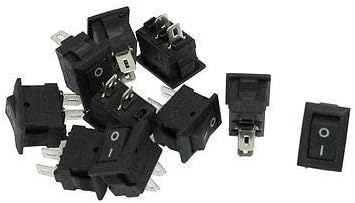 10 Pack SPST 2 Terminal On Off Rocker Switch | 10 Pack SPST Rocker Switch, 2 Terminal ON/OFF, Black, 1.5x1x1.8cm, Rated AC 250V 6A / 125V 10A.