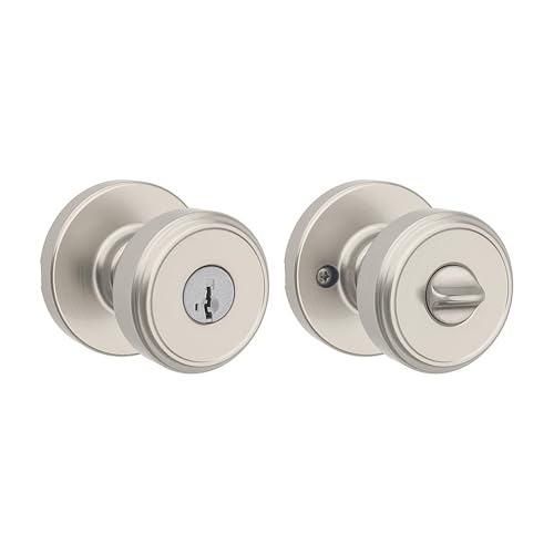 Image of Kwikset Maven Entry Door Knob with Lock and Key, Secure Keyed Handle Exterior, Front Entrance and Bedroom, Satin Nickel, Pick Resistant SmartKey Rekey Security and Microban