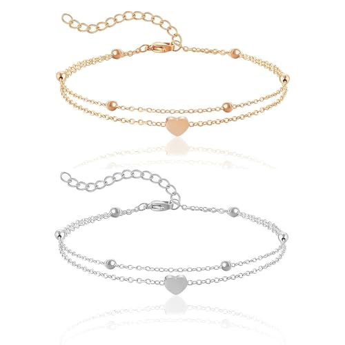 IKOPFLN 2 Pezzi Cavigliera Donna, Cavigliere Regolabili Donna con Cuore (Lunghezza Catena 19+7cm) - Cavigliere per...