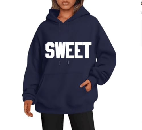 Elegante sudadera con capucha y estampado de letras, unisex, holgada, informal, camiseta deportiva, azul oscuro, XS