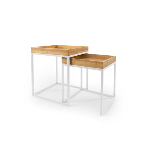 LIN HOME Mesas de Centro Nido XZ 22166 1 Set 2, Cuadradas Bambú y Metal, Estilo Nórdico, Color Blanco, Mesas Auxiliares para Salón, Diseño Moderno y Resistente