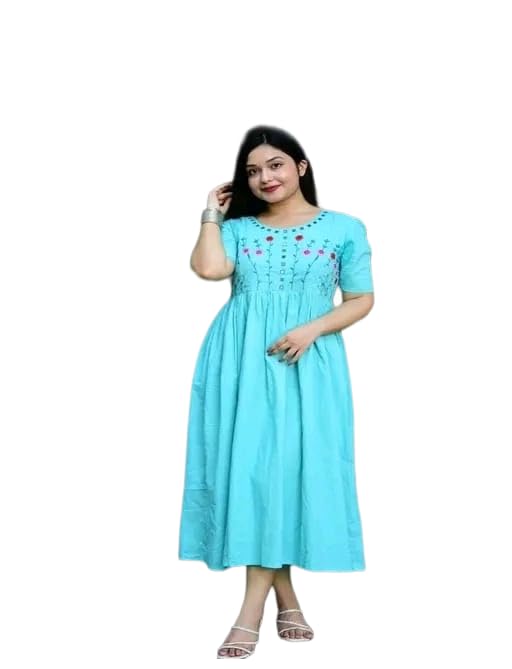 RR Enterprises Women’s Embroidered Rayon Sky-Blue A-Line Short Sleeves Comfortable Outfit Midi Dress for Casual Wear-picture-29