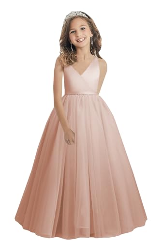 M_RAC V-Neck Floor-Length Flower Girl Dress Tulle Junior Bridesmaid Dresses Long Formal Ball Gowns PA023