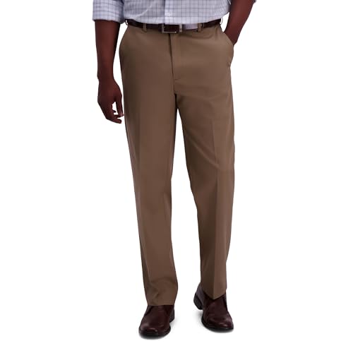 Haggar mens Premium No Iron Khaki Classic Fit Expandable Waist Flat Front dress pants, British Khaki, 36W x 29L US