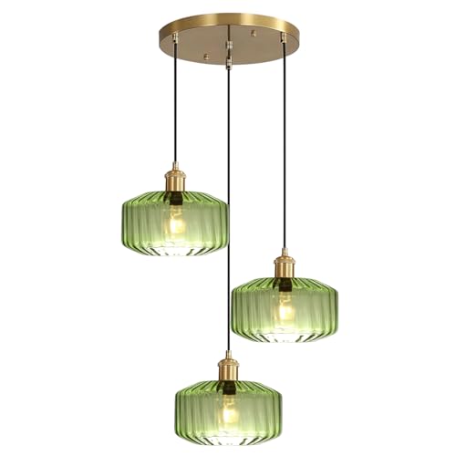Image of 3-Light Green Glass Pendant Light, Mid-Century Modern Kitchen Island Hanging Light Fixtures with Ribbed Glass Shades, Adjustable Height Gold Ceiling Pendant Lighting
