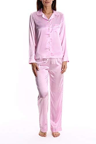 Blis Women's Satin Long Sleeve Button Down Sleep Shirt and Lounge Pants PJ Set - Ladies Pajamas & Sleepwear - Blush Flower, Medium