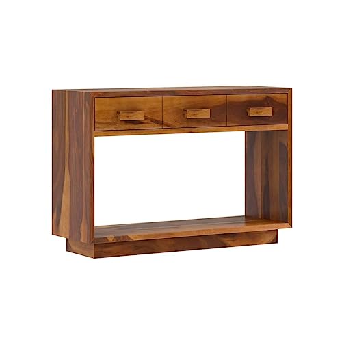 Image of Solid Sheesham Wood Console Table for Living Room | Entryway Hallway Sofa & Fish Tank Table with 3 Drawers & Shelf Storage | Rosewood Honey Finish