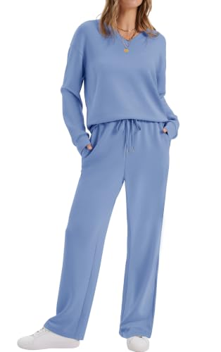 Image of WIHOLL Lounge Sets for Women 2026 V Neck 2 Piece Outfits Airport Wide Leg Pants Matching Set Sweatsuits