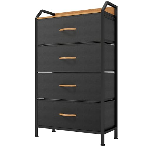YITAHOME Comoda 4 Cajones,Cajonera de Tela,Sinfonier,Robusta Estructura metálica,Cómoda con Tapa de Madera,Gris Oscuro