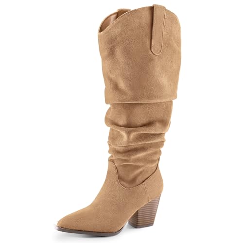 mysoft Women's Wide Calf Knee High Boots Cowgirl Low Chunky Stacked Heel Wide Width Pointed Toe Slouchy Tall Boots with Zippers