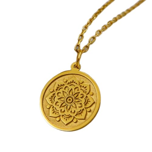 Collier pendentif pièce gravée mandala sacré argent sterling plaqué or élégant pour un style chic
