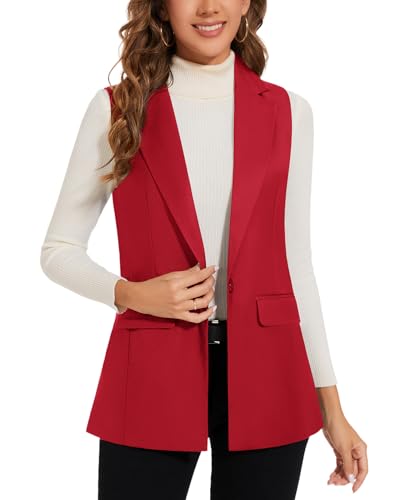 MINTLIMIT Women's Sleeveless Vest Long Blazer Vests Casual Open Front Trench Coat Jacket with Pockets (Red, Size S)