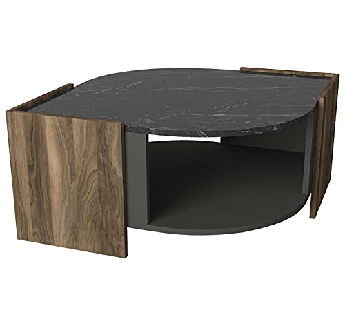 moebel17 Couchtisch Marbel Sofatisch Wohnzimmertisch Tisch fürs Wohnzimmer, Holz, Braun mit Marmor Optik, glänzende Tischplatte, großes Ablagefach, viel Stauraum, Designertisch, 75 x 40 x 75 cm 6061