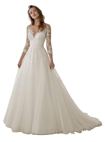 Women's Lace Mermaid Long Sleeves Wedding Dress for Bride Floor Length Beach Bridal Dress for Women