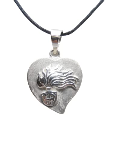 Fiamma dell'Arma dei Carabinieri - Ciondolo a Cuore in Argento 925 - pendente con girocollo in cordoncino nero -