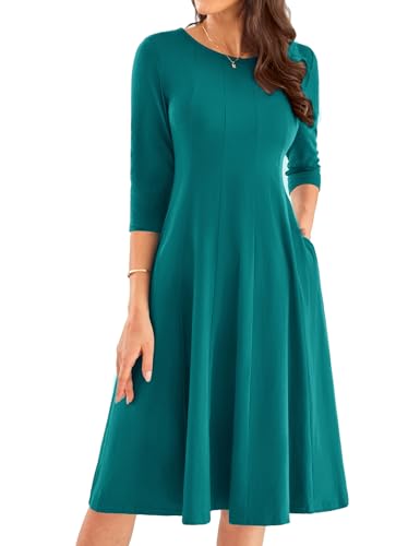 GRACE KARIN Partykleid Damen Rundhals 3/4 Arm Freizeitkleid Damen Lässig Plisseekleid Damen Herbst XL Blaugrün -17