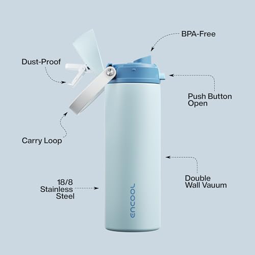 Image of Insulated Water Bottle with Straw - Encool Stainless Steel Water Bottle with Push Button Lid, Leak-Proof & BPA-Free, Keeps Cold for 24 Hours for Sports, Travel, Gym (24 oz, Jungle Mist)