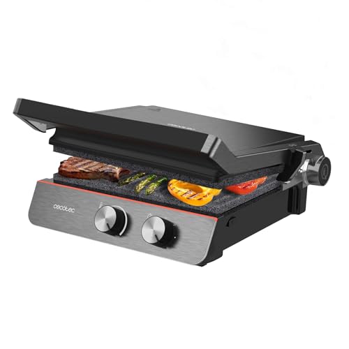 Cecotec Parrilla Eléctrica Rock'nGrill Blaze Neon. 2200W, Revestimiento RockStone, Fácil Limpieza, Apertura de 180º, Libre de BPA, Superficie de Cocinado de 29x23 cm, Placas Desmontables