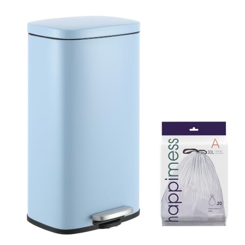 Image of happimess Curtis 8 Gal Step Trash Can Soft Close 25 inch, Tide Pool Blue | Iron Construction, Satin Finish, Removable Liner, Steel Pedal, 20 Trash Bags Included, Kitchen Office Bin